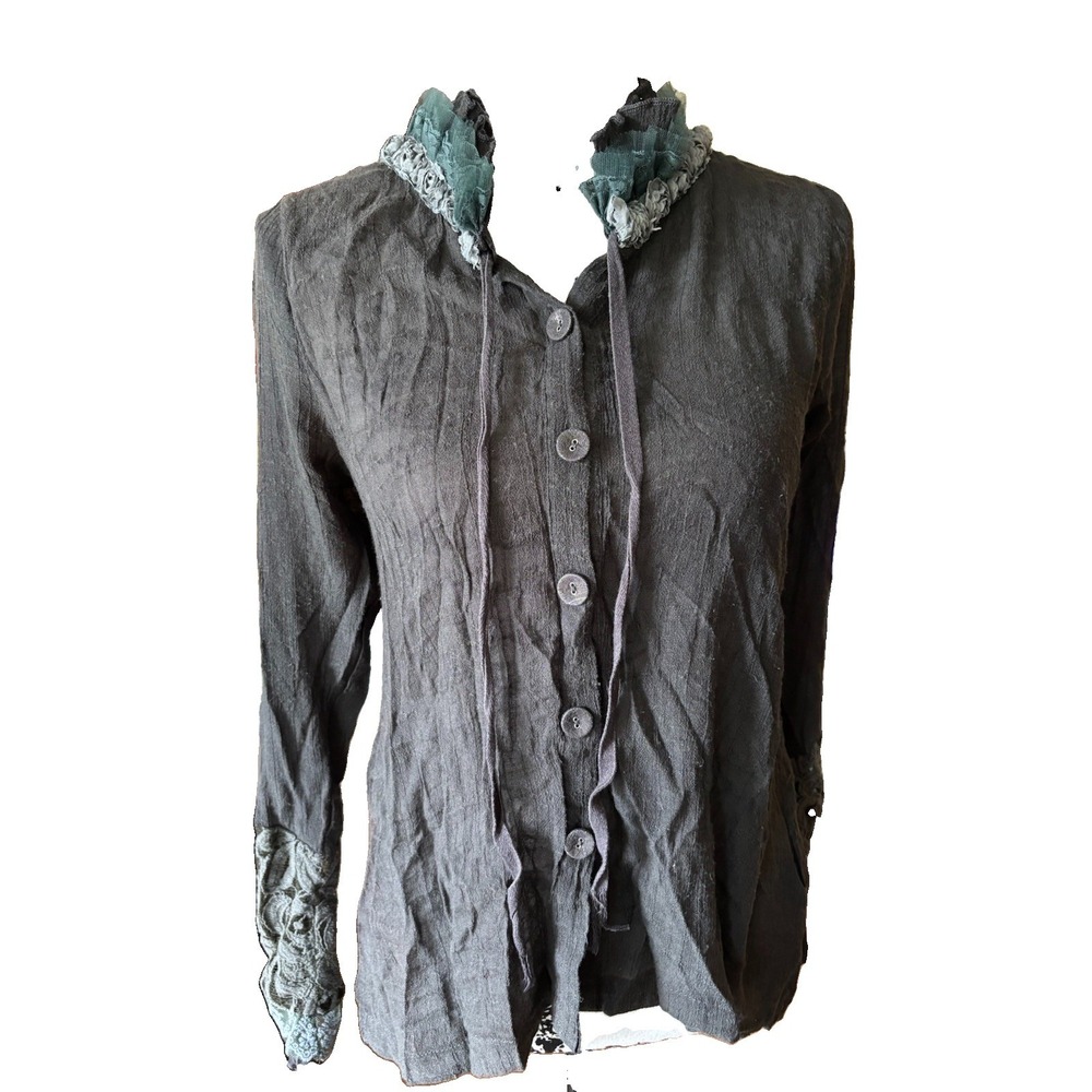 Noelle Solid Woven Button Front Boho Lace Ruffle Blouse Green Small/Medium